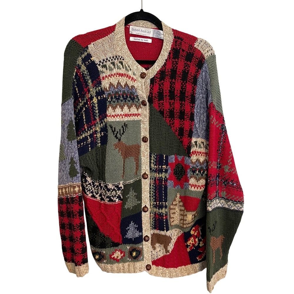 Robert Scott Ltd Vintage Hand Knitted Patchwork Scenic Cardigan Sweater Large